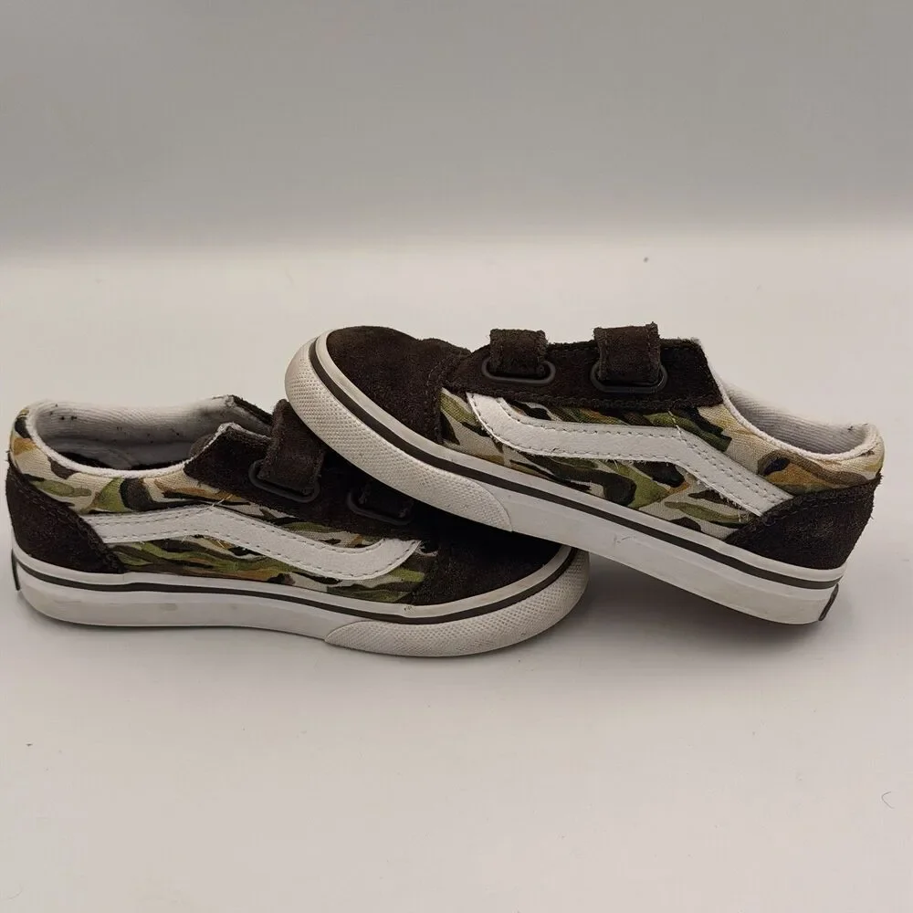 Vans Old Skool V Toddler 9 Painted Camo Brown Suede Hook & Loop Sneakers Shoes